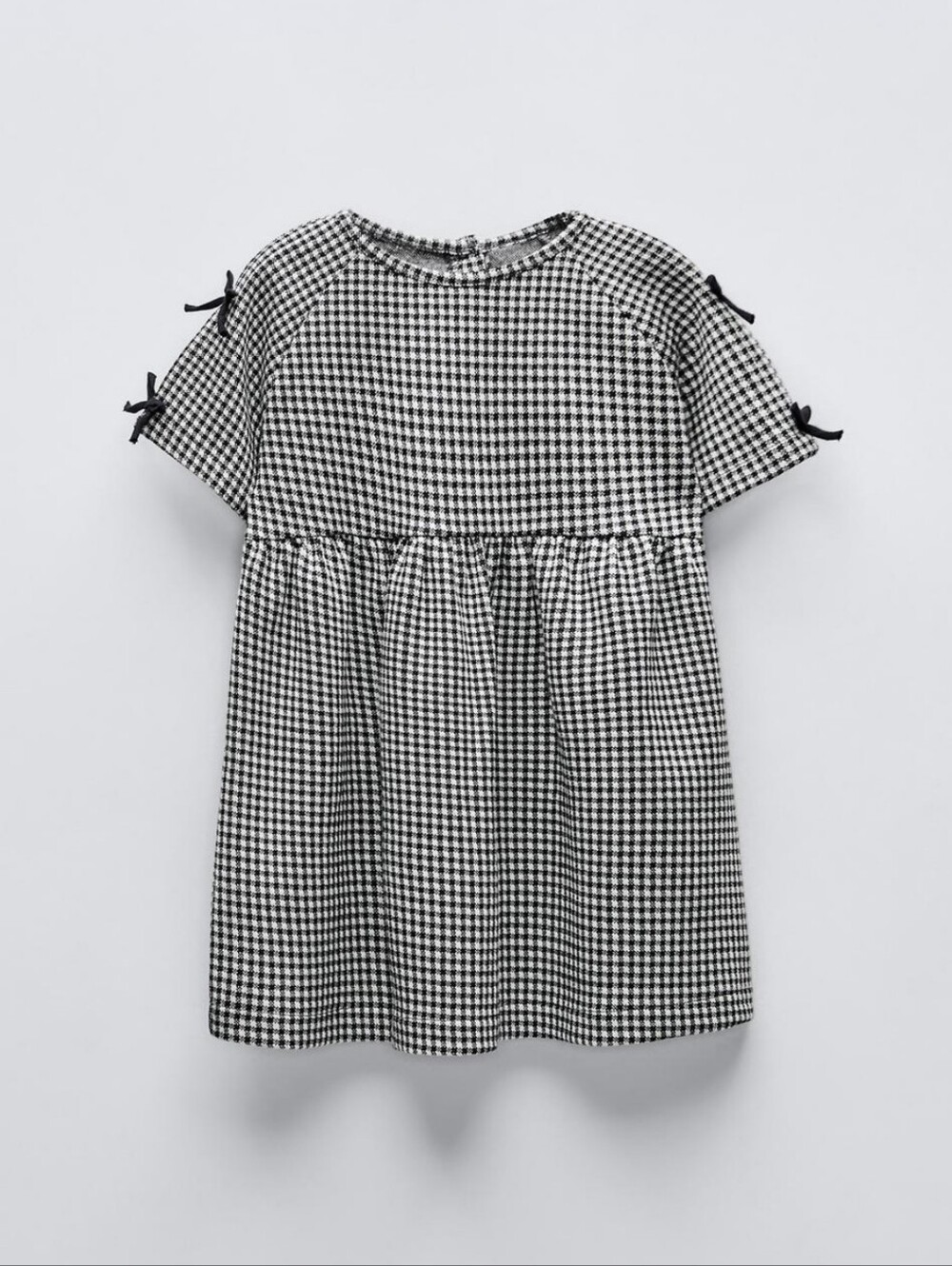 Zara Black and White Gingham Short-Sleeve Dress with Shoulder Bows